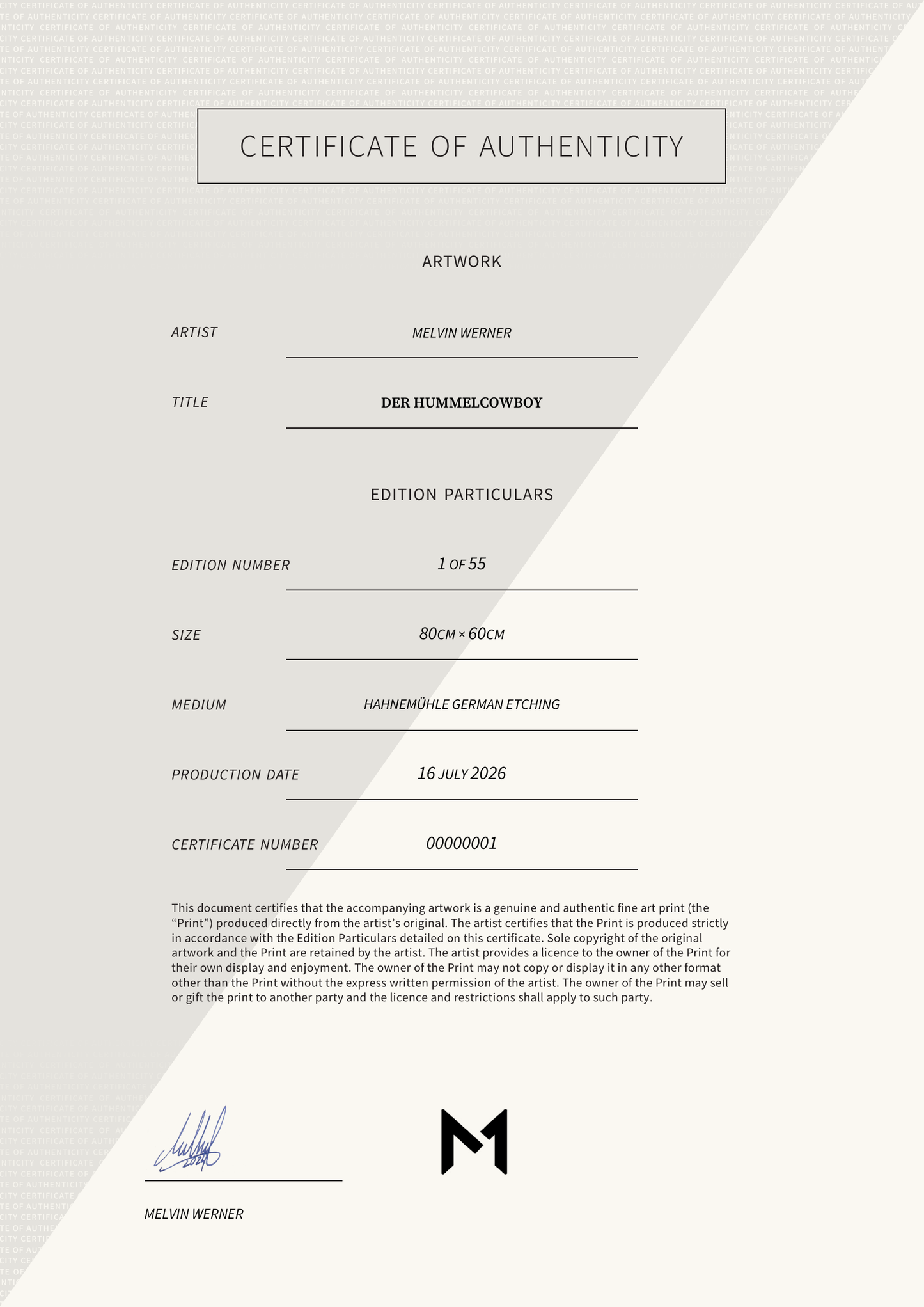 Der Hummelcowboy — Certificate of Authenticity
