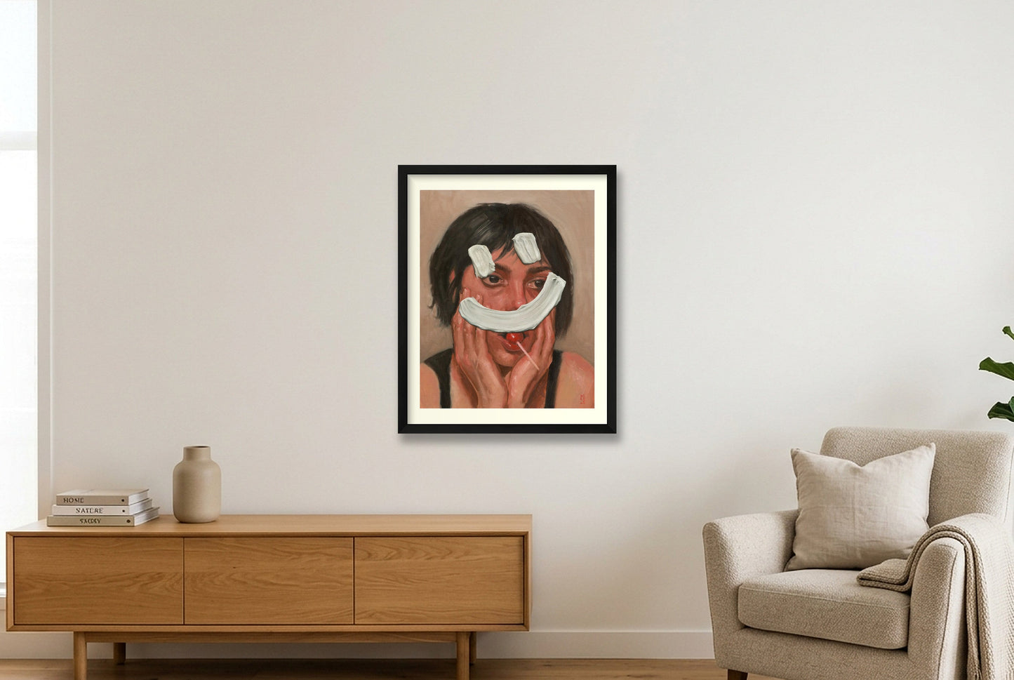 Frau mit Smiley — 40×50cm Black Frame