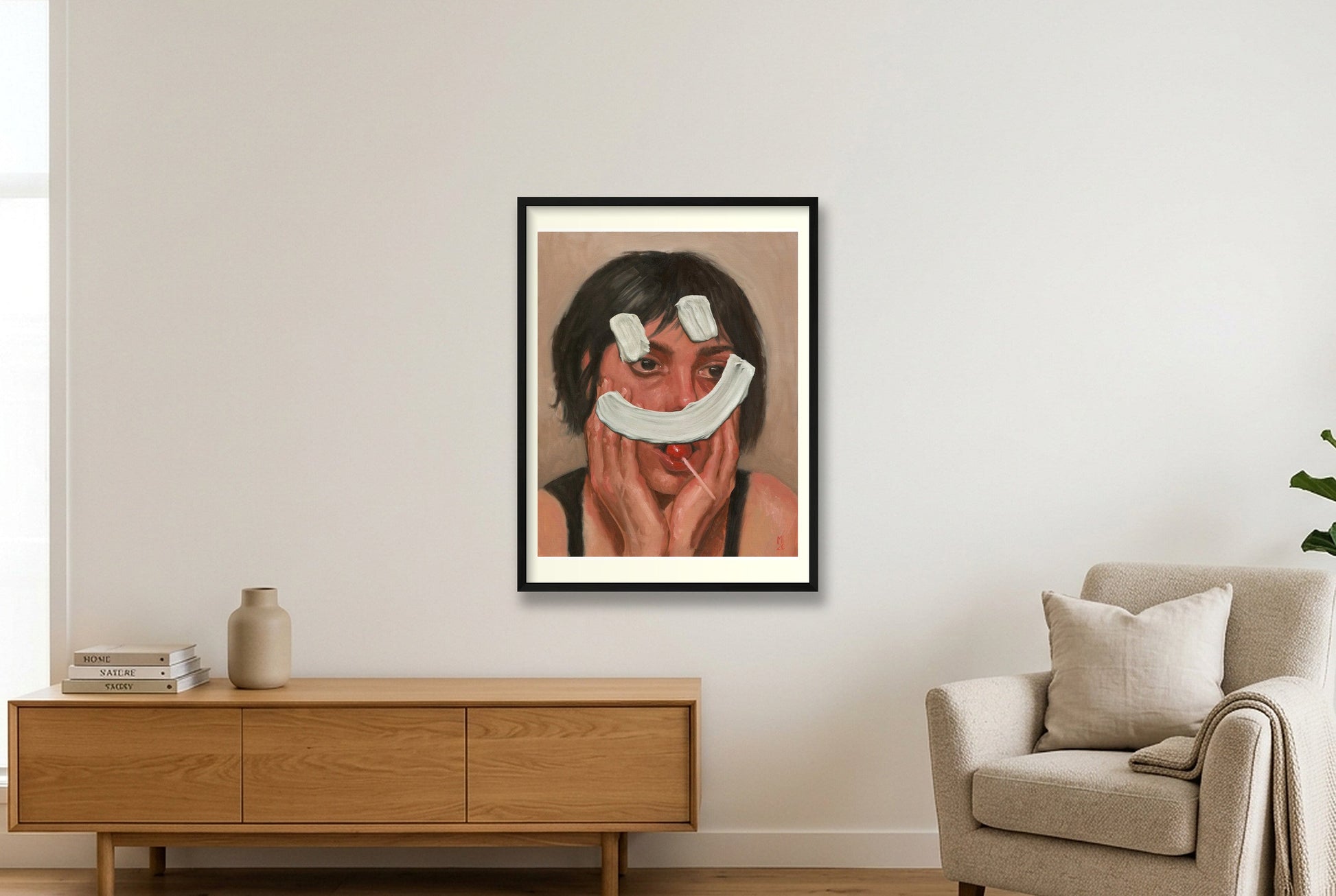 Frau mit Smiley — 60×80cm Black Frame
